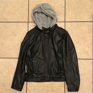 Black faux leather hooded jacket